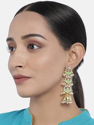 3 Layered Long Jhumki Earrings With Mint Enamel Glided With Kundans & Pearls (E2788Min) 1
