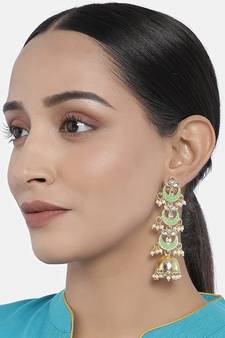 3 Layered Long Jhumki Earrings With Mint Enamel Glided With Kundans & Pearls (E2788Min)