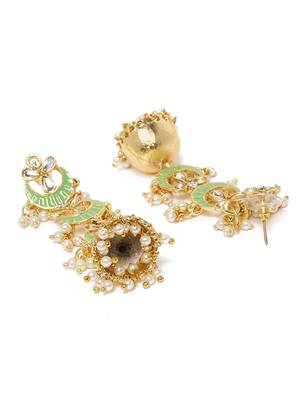 3 Layered Long Jhumki Earrings With Mint Enamel Glided With Kundans & Pearls (E2788Min) 2