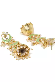 3 Layered Long Jhumki Earrings With Mint Enamel Glided With Kundans & Pearls (E2788Min)