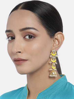 3 Layered Long Jhumki Earrings With Yellow Enamel Glided With Kundans & Pearls  1
