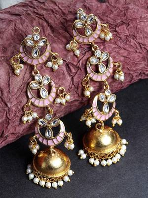 3 Layered Long Jhumki Earrings With Pink Enamel Glided With Kundans & Pearls  1