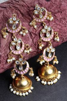 3 Layered Long Jhumki Earrings With Pink Enamel Glided With Kundans & Pearls (E2788Pi)