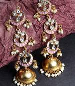 3 Layered Long Jhumki Earrings With Pink Enamel Glided With Kundans & Pearls 