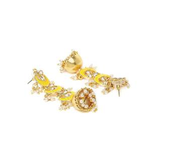 3 Layered Long Jhumki Earrings With Yellow Enamel Glided With Kundans & Pearls  2