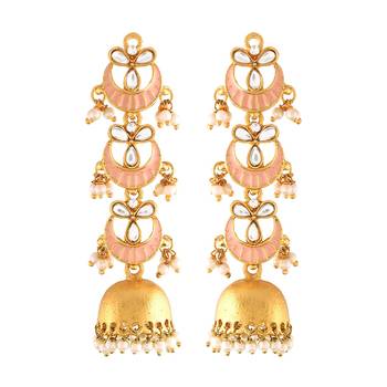 3 Layered Long Jhumki Earrings With Pink Enamel Glided With Kundans & Pearls  2