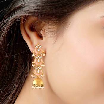 3 Layered Long Jhumki Earrings With Pink Enamel Glided With Kundans & Pearls  3