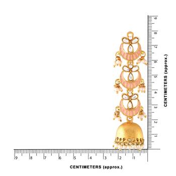 3 Layered Long Jhumki Earrings With Pink Enamel Glided With Kundans & Pearls  4