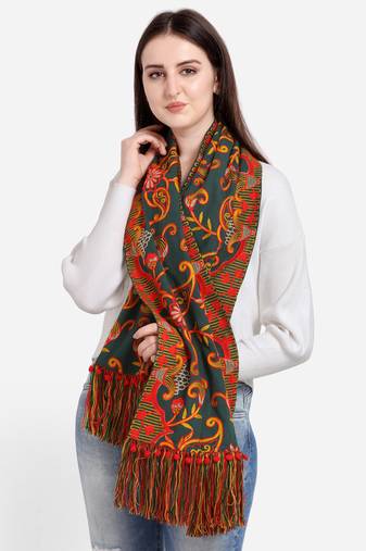 Deep Green Woollen Heavily Embroidered Khadi Muffler