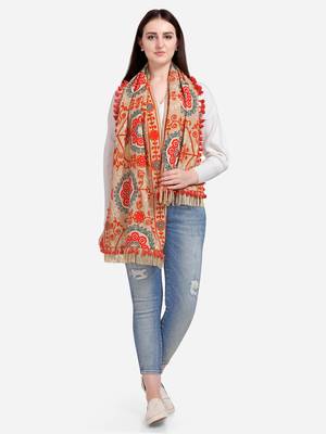 Beige Woollen Embroidered Khadi Muffler With African Motifs 1