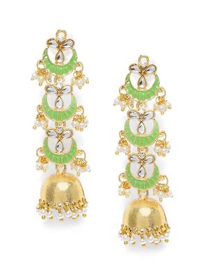 3 Layered Long Jhumki Earrings With Mint Enamel Glided With Kundans & Pearls (E2788Min) 3