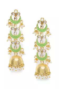 3 Layered Long Jhumki Earrings With Mint Enamel Glided With Kundans & Pearls (E2788Min)