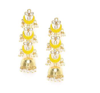 3 Layered Long Jhumki Earrings With Yellow Enamel Glided With Kundans & Pearls  3