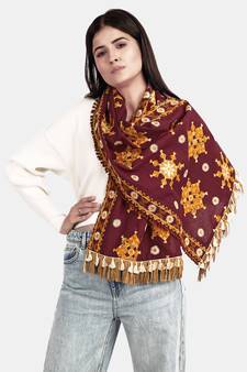 Deep Wine Snow Flake Woollen Embroidered Khadi Muffler