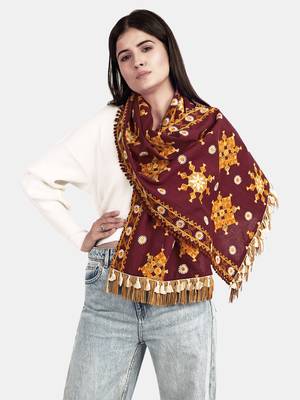 Deep Wine Snow Flake Woollen Embroidered Khadi Muffler 5