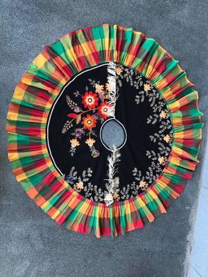 Black Embroidery Cape With Colorful Check Frill And 3D Flowers 2