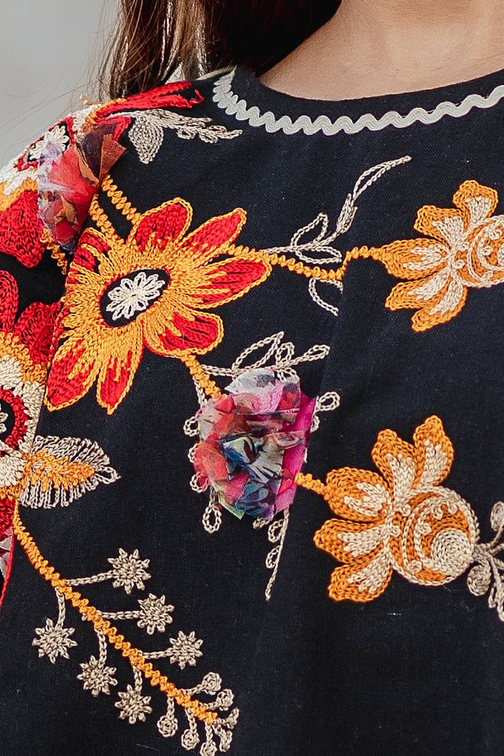 Black Embroidery Cape With Colorful Check Frill And 3D Flowers