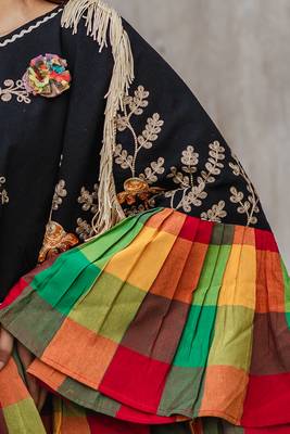 Black Embroidery Cape With Colorful Check Frill And 3D Flowers 4