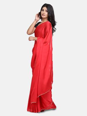 red plain satin saree with blouse 3