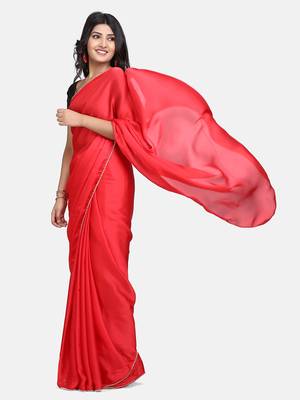 red plain satin saree with blouse 4