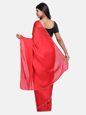 red plain satin saree with blouse 5