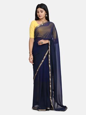 Blue printed georgette saree with blouse 7