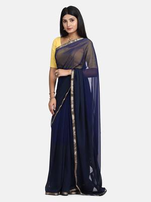 Blue printed georgette saree with blouse 8