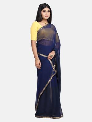 Blue printed georgette saree with blouse 9