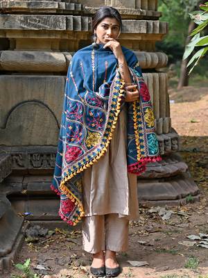 Turqoise Blue Multi colour Asri heavily Embroidered Khadi Shawl/Dupatta With Yellow Tassel Lace 1