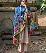 Turqoise Blue Multi colour Asri heavily Embroidered Khadi Shawl/Dupatta With Yellow Tassel Lace