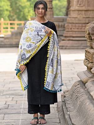 White Tribal Motif Aari Embroidered Khadi Shawl/Dupatta With Lemon Tassel Lace 2