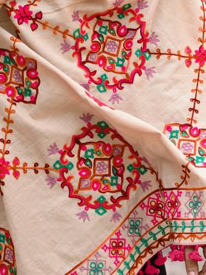 Beige Floral Motifs Aari Heavily Embroidered Khadi Shawl/Dupatta With Rani Tassel Lace 3