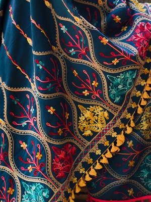 Turqoise Blue Multi colour Asri heavily Embroidered Khadi Shawl/Dupatta With Yellow Tassel Lace 3
