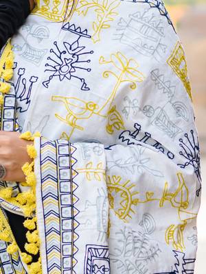 White Tribal Motif Aari Embroidered Khadi Shawl/Dupatta With Lemon Tassel Lace 3