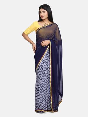 Blue printed georgette saree with blouse 5