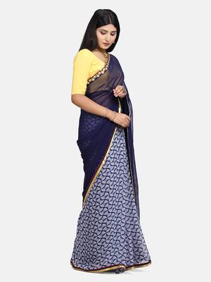 Blue printed georgette saree with blouse 6