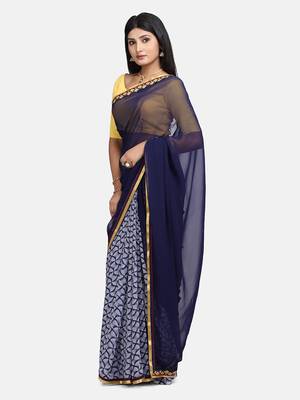 Blue printed georgette saree with blouse 7