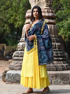 Navy Blue Warli Tribal Motif Aari Embroidered Khadi Shawl/Dupatta With Kaccha Tassel Lace 2