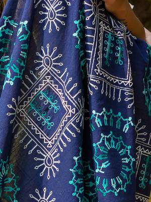 Navy Blue Warli Tribal Motif Aari Embroidered Khadi Shawl/Dupatta With Kaccha Tassel Lace 3