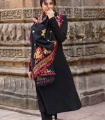 Black Kashmiri Motif Aari Embroidered Khadi Shawl/Dupatta With Crimson Red Cotton Tassel