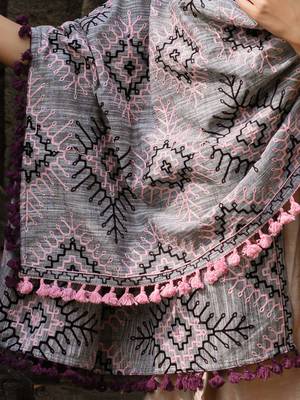 Grey Tribal Star MotifsAari Embrodiered Slub Khadi Shawl/Dupatta With Baby Ping Cotton Lace 3