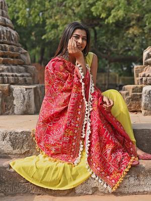 Red Tribal Motif Aari Embroidered Khadi Shawl/Dupatta With Lemon Cotton Lace 1