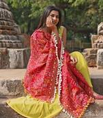 Red Tribal Motif Aari Embroidered Khadi Shawl/Dupatta With Lemon Cotton Lace