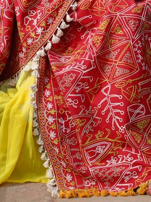 Red Tribal Motif Aari Embroidered Khadi Shawl/Dupatta With Lemon Cotton Lace 3