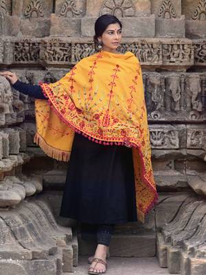 Mustard Floral Aari Embroidered Khadi Shawl/Dupatta With Wine Cotton Tassel Lace 2