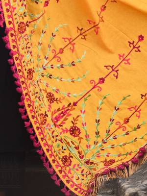 Mustard Floral Aari Embroidered Khadi Shawl/Dupatta With Wine Cotton Tassel Lace 3