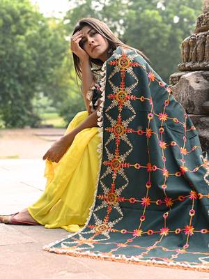 Poison Green Heavily Aari Embroidered Khadi Shawl/Dupatta with Kaccha Tassel Lace 3