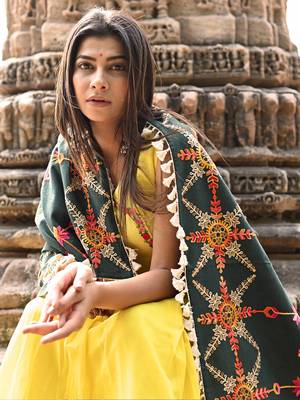Poison Green Heavily Aari Embroidered Khadi Shawl/Dupatta with Kaccha Tassel Lace 1