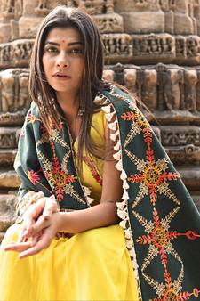 Poison Green Heavily Aari Embroidered Khadi Shawl/Dupatta with Kaccha Tassel Lace