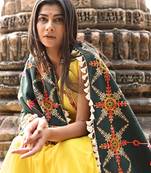 Poison Green Heavily Aari Embroidered Khadi Shawl/Dupatta with Kaccha Tassel Lace